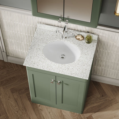 Nuie Classique 600mm Satin Green Floor Standing 2 Door Vanity Unit with Basin, 1 Tap Hole & Soft Close Doors