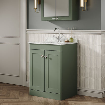 Nuie Classique 600mm Satin Green Floor Standing 2 Door Vanity Unit with Basin, 1 Tap Hole & Soft Close Doors