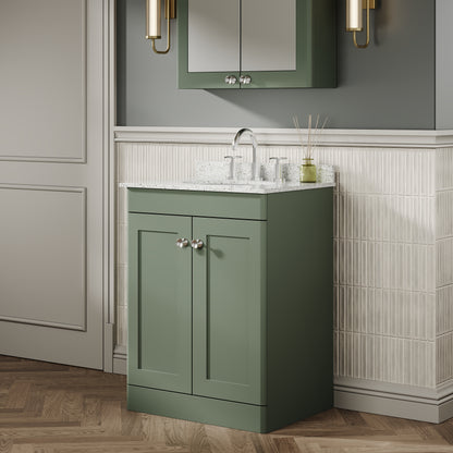 Nuie Classique 600mm Satin Green Floor Standing 2 Door Vanity Unit with 3 Tap Hole Round Basin