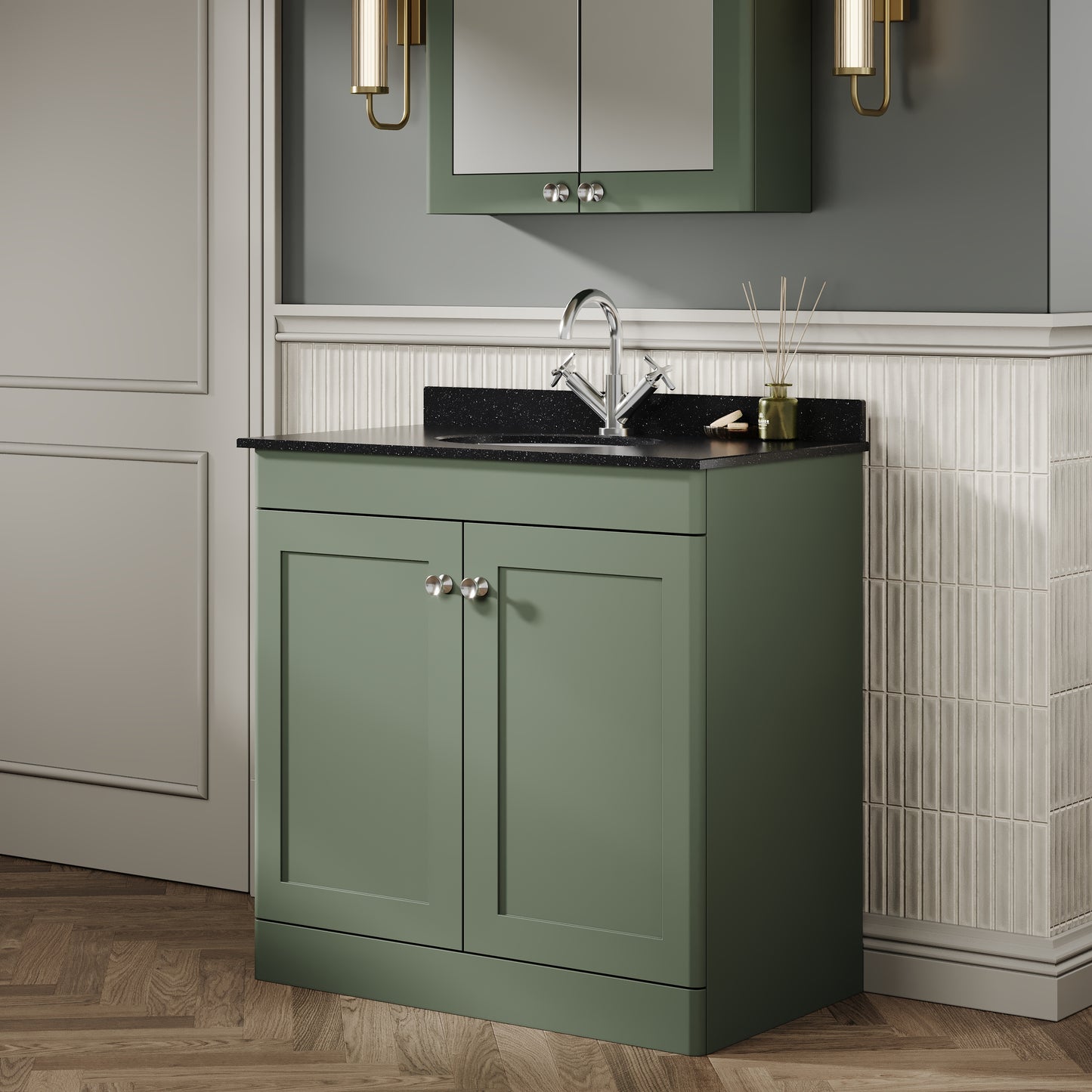 Nuie Classique 820mm Satin Green Floor Standing Vanity Unit with Basin & Handles