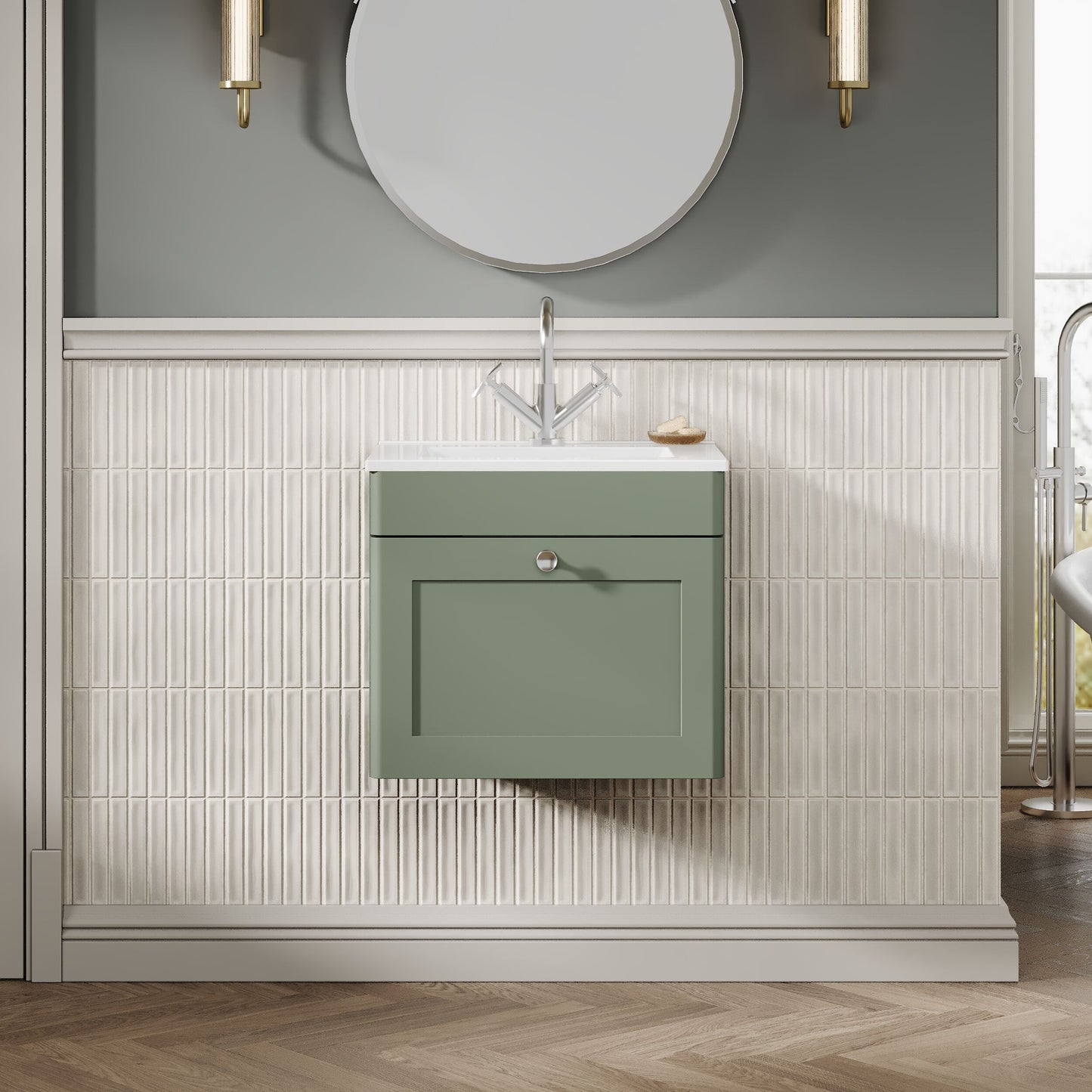 Nuie Classique Satin Green 500mm 1 Drawer Wall Hung Vanity Unit With Basin