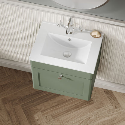 Nuie Classique Satin Green 500mm 1 Drawer Wall Hung Vanity Unit With Basin