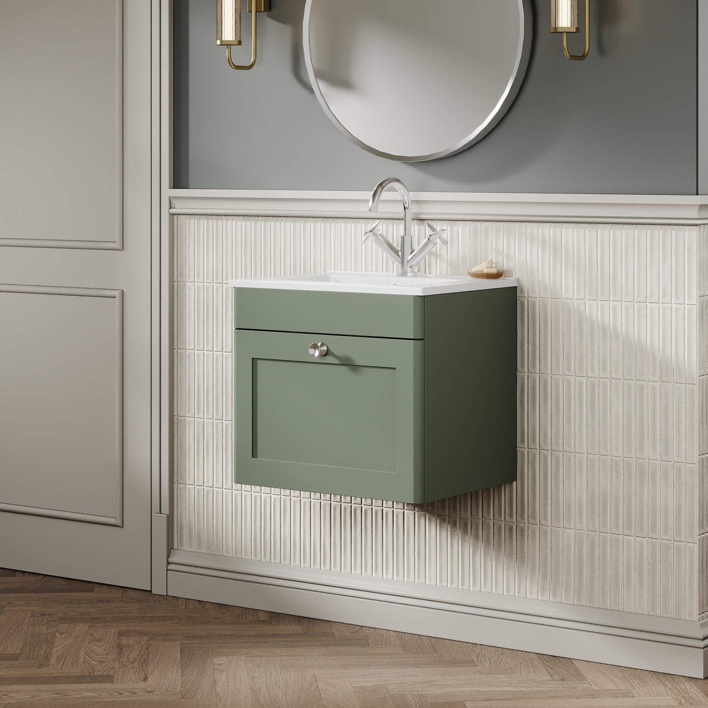 Nuie Classique Satin Green 500mm 1 Drawer Wall Hung Vanity Unit With Basin
