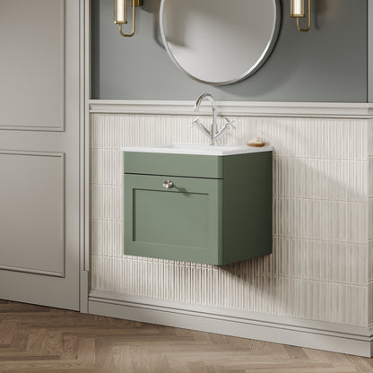 Nuie Classique Satin Green 500mm 1 Drawer Wall Hung Vanity Unit With Basin