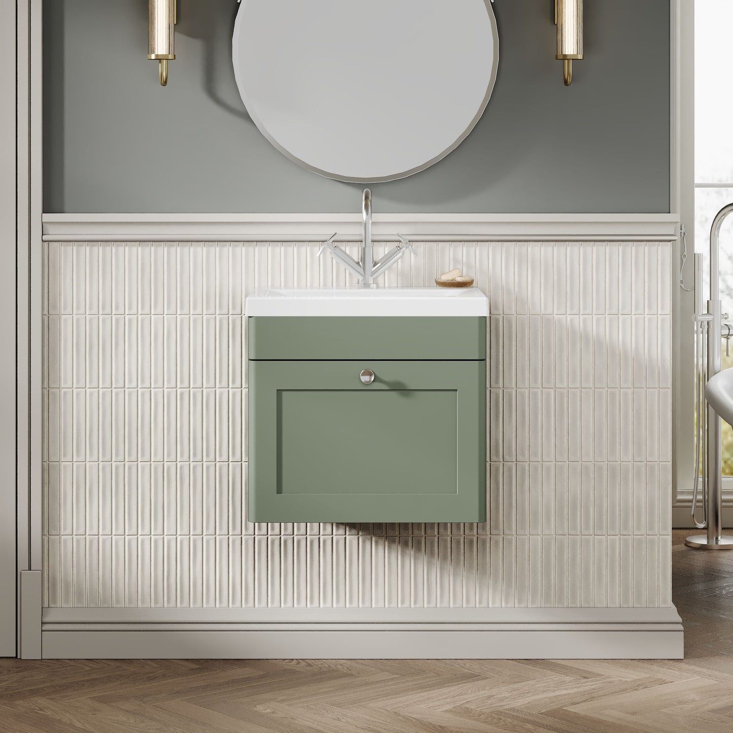 Nuie Classique 500mm Satin Green Wall Hung 1 Drawer Vanity Unit with Basin and Chrome Handle