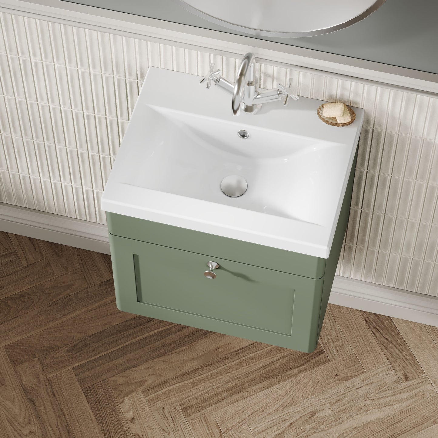 Nuie Classique 500mm Satin Green Wall Hung 1 Drawer Vanity Unit with Basin and Chrome Handle