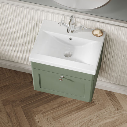 Nuie Classique 500mm Satin Green Wall Hung 1 Drawer Vanity Unit with Basin and Chrome Handle