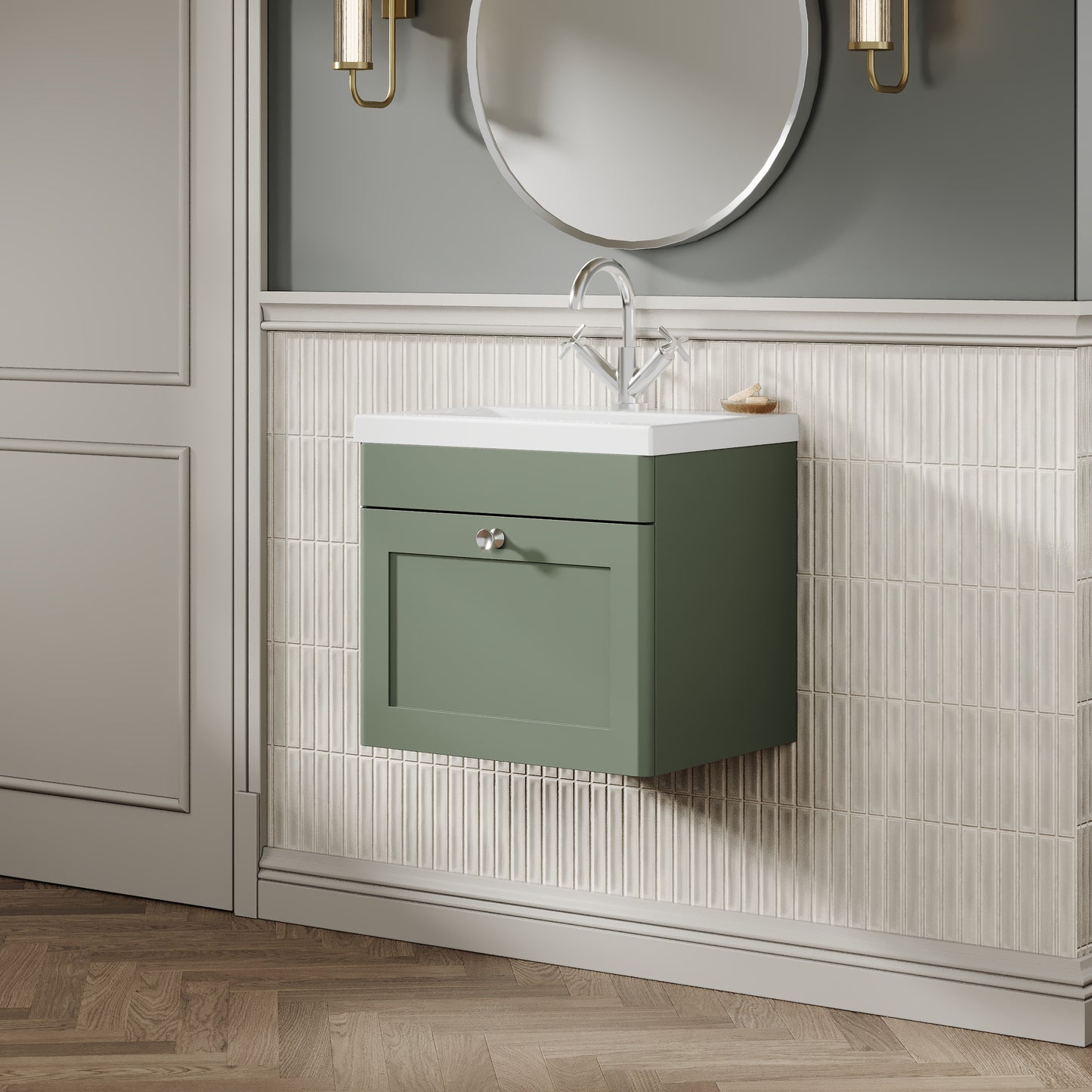 Nuie Classique 500mm Satin Green Wall Hung 1 Drawer Vanity Unit with Basin and Chrome Handle