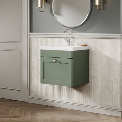 Nuie Classique 500mm Satin Green Wall Hung 1 Drawer Vanity Unit with Basin and Chrome Handle
