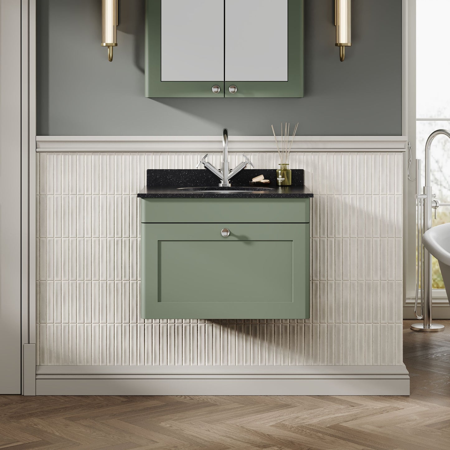 Nuie Classique 600mm Satin Green Wall Hung 1 Drawer Vanity Unit with 1 Tap Hole Marble Top and Basin