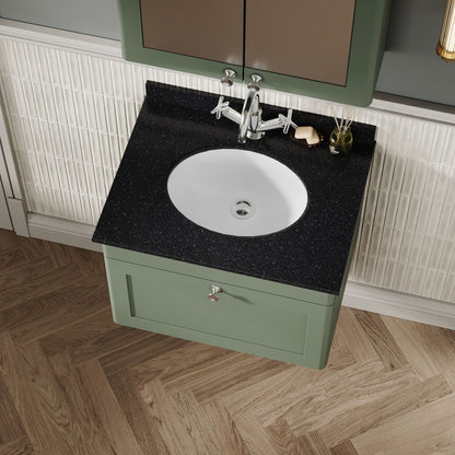 Nuie Classique 600mm Satin Green Wall Hung 1 Drawer Vanity Unit with 1 Tap Hole Marble Top and Basin