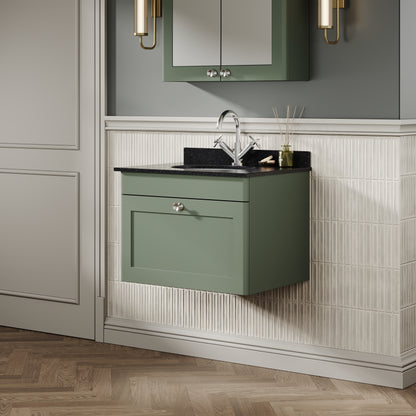 Nuie Classique 600mm Satin Green Wall Hung 1 Drawer Vanity Unit with 1 Tap Hole Marble Top and Basin