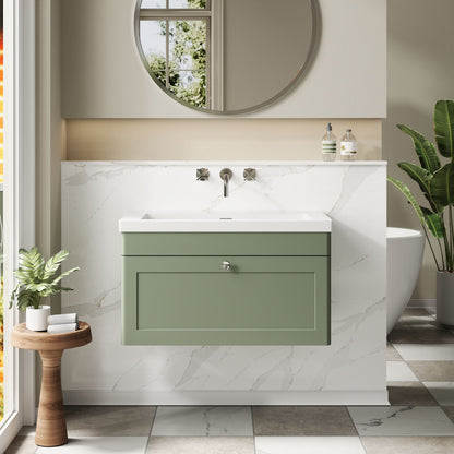Nuie Classique 800mm Satin Green Wall Hung Single Drawer Soft Close Vanity Unit With Basin