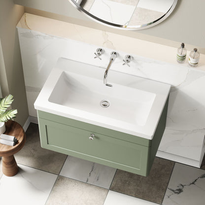 Nuie Classique 800mm Satin Green Wall Hung Single Drawer Soft Close Vanity Unit With Basin