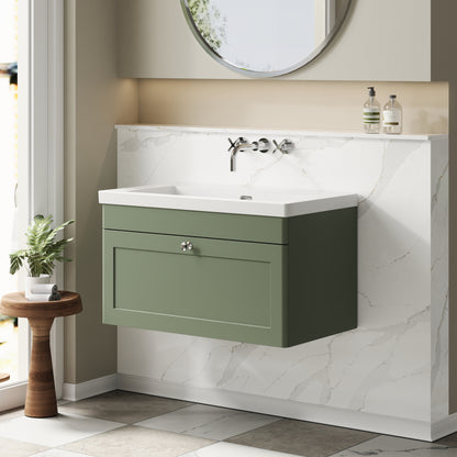 Nuie Classique 800mm Satin Green Wall Hung Single Drawer Soft Close Vanity Unit With Basin