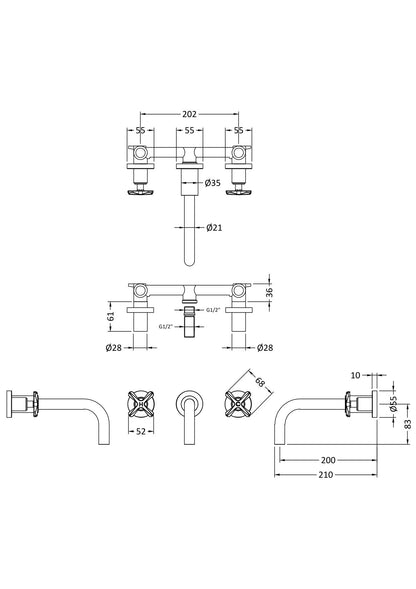 Aztec Wall Mount 3 Tap Hole Basin Mixer