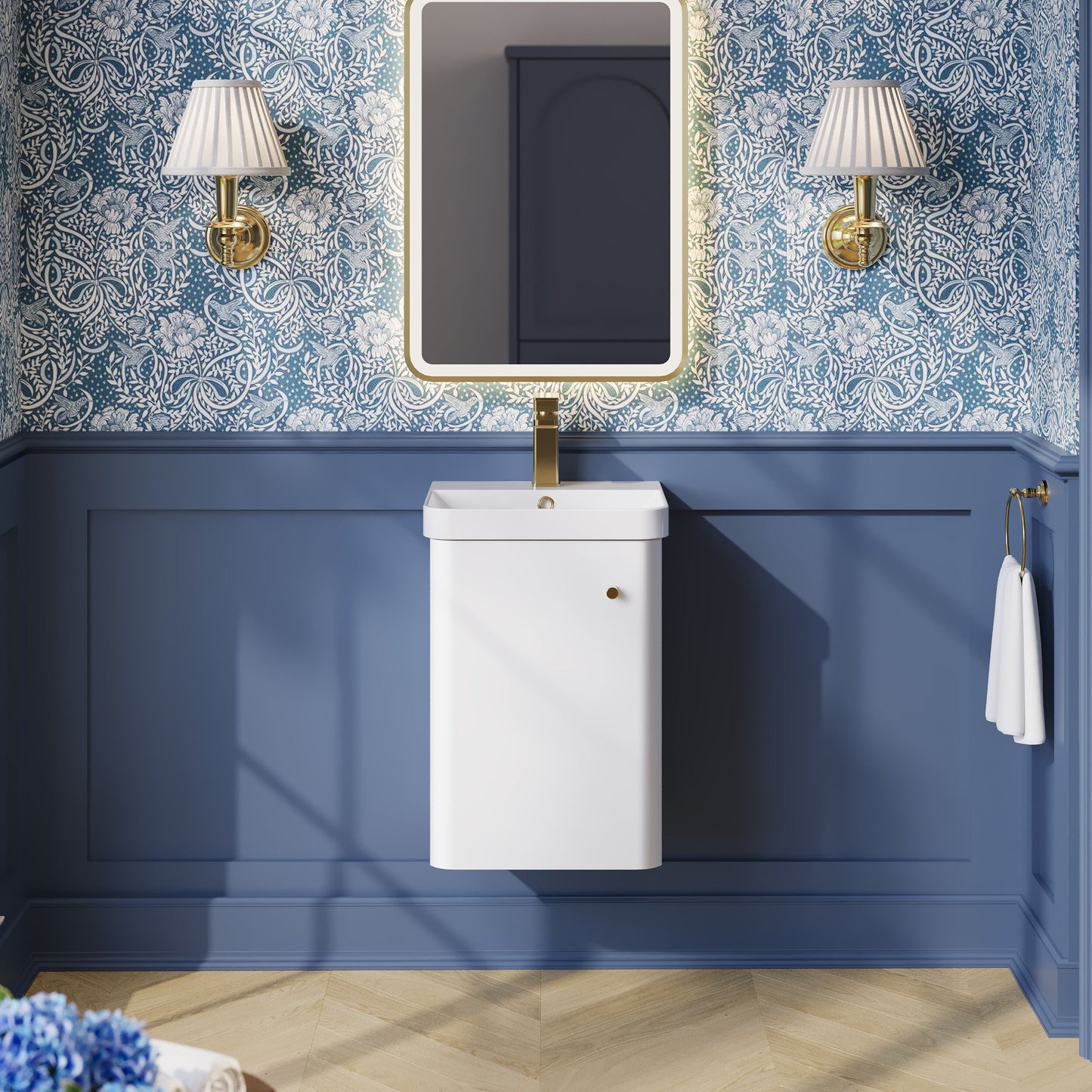 Balterley Curve Contemporary Bathroom Wall Hung Single Door Vanity Unit & Ceramic Basin, Gloss White, 405mm