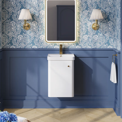 Balterley Curve Contemporary Bathroom Wall Hung Single Door Vanity Unit & Ceramic Basin, Gloss White, 405mm