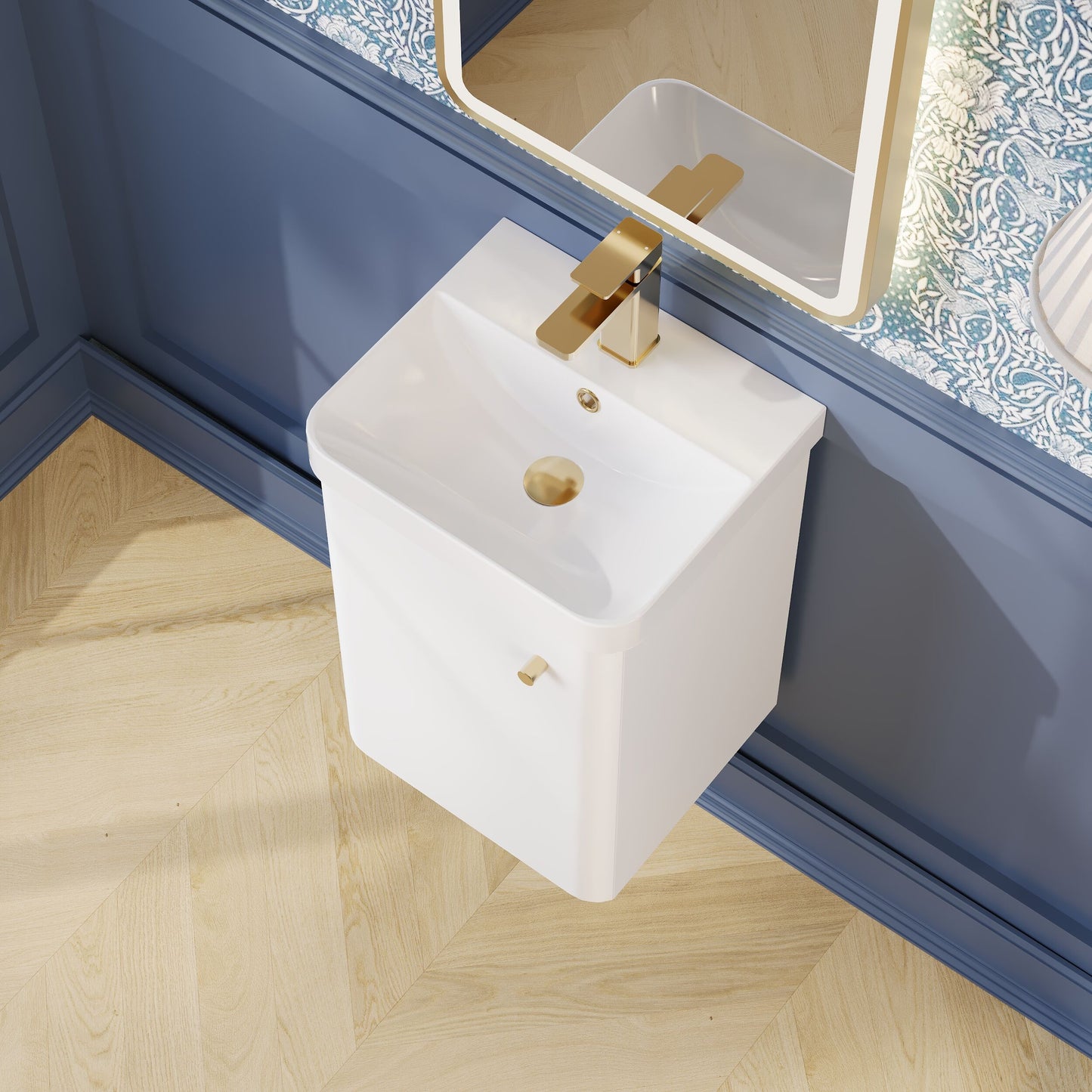 Balterley Curve Contemporary Bathroom Wall Hung Single Door Vanity Unit & Ceramic Basin, Gloss White, 405mm