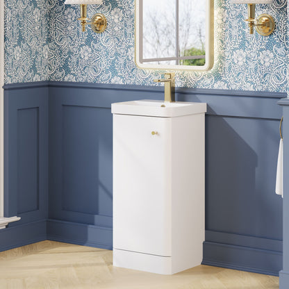 Balterley Curve Modern Bathroom Floor Standing 1 Door Vanity Unit Basin, Gloss White, 405mm