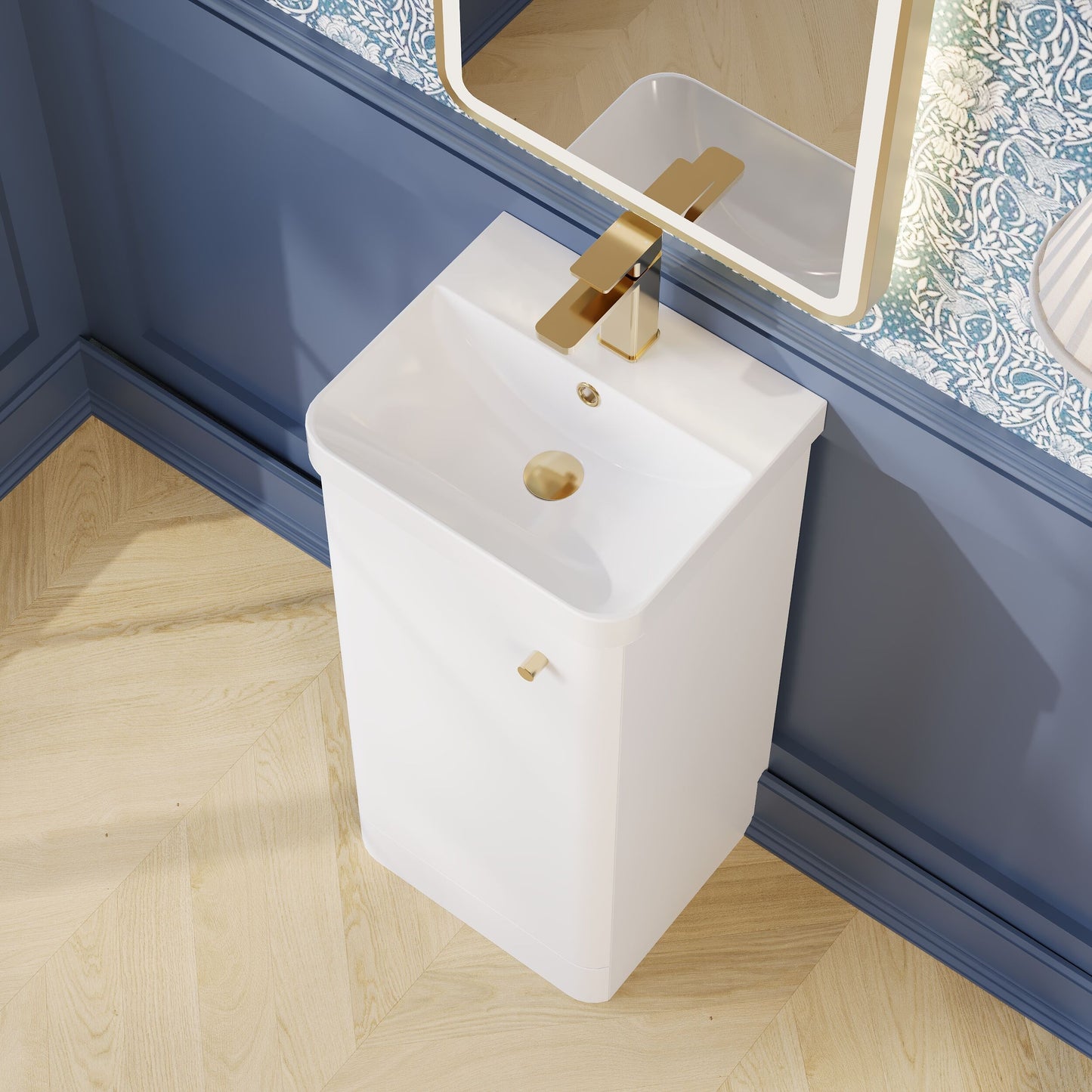 Balterley Curve Modern Bathroom Floor Standing 1 Door Vanity Unit Basin, Gloss White, 405mm