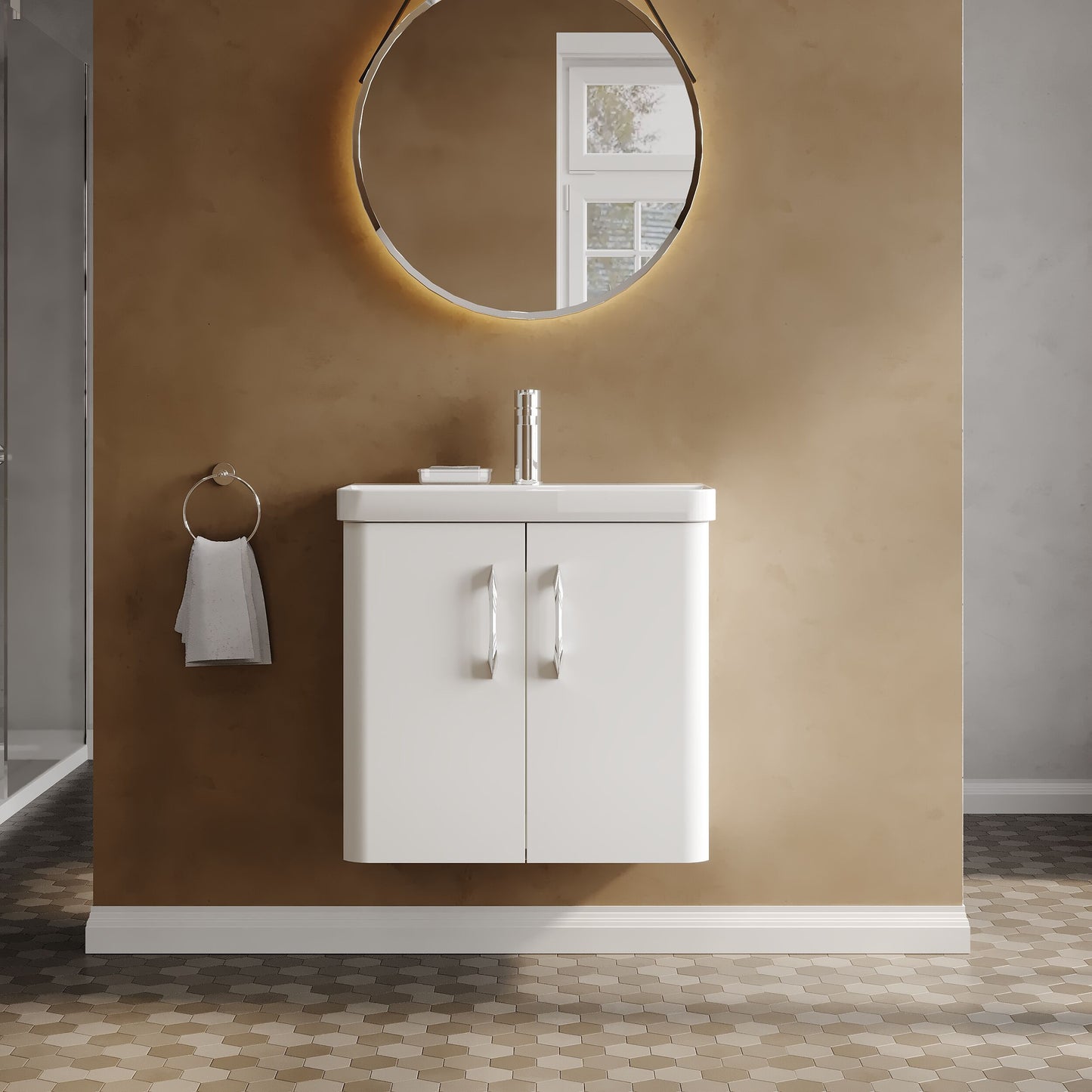 Nuie Core 600mm 2 Door Gloss White Wall Hung Vanity Unit With Basin