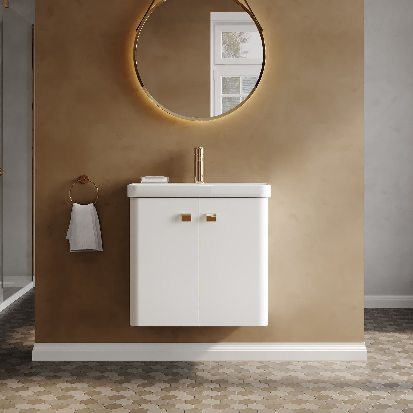 Nuie Core 600mm 2 Door Gloss White Wall Hung Vanity Unit With Basin