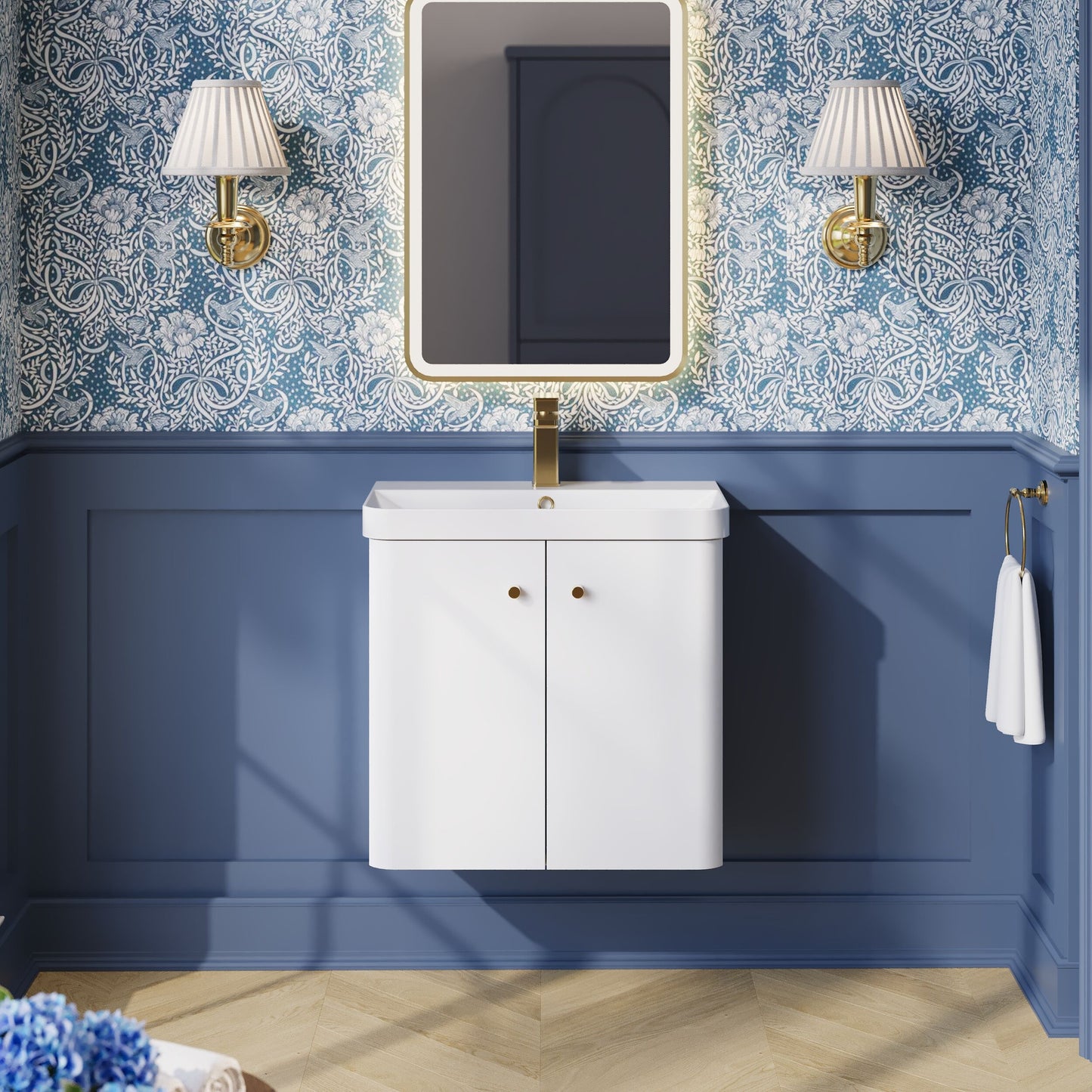 Balterley Curve Modern Bathroom Wall Hung 2 Door Vanity Unit Basin, Gloss White, 605mm