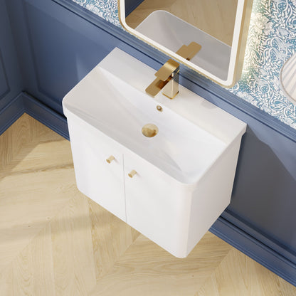 Balterley Curve Modern Bathroom Wall Hung 2 Door Vanity Unit Basin, Gloss White, 605mm