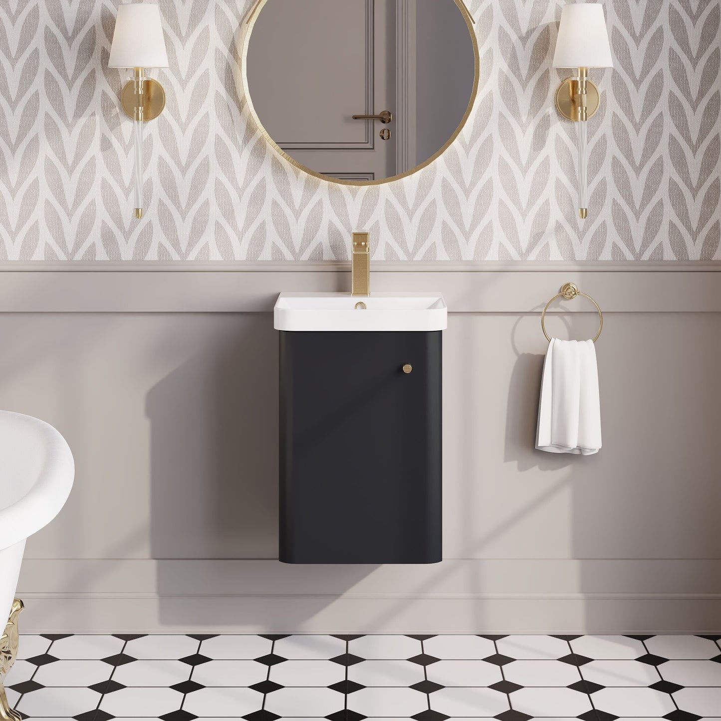 Balterley Curve Modern Bathroom Wall Hung 1 Door Vanity Unit Basin, Dark Grey, 405mm