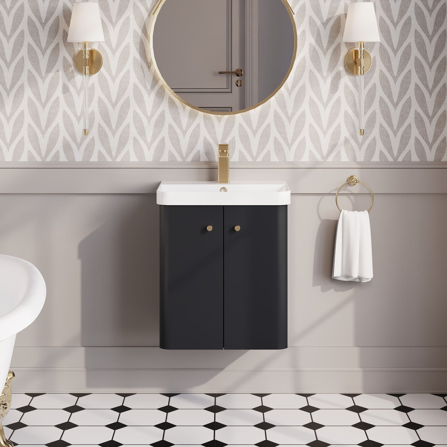 Balterley Curve Modern Bathroom Wall Hung 2 Door Vanity Unit Basin, Dark Grey, 505mm