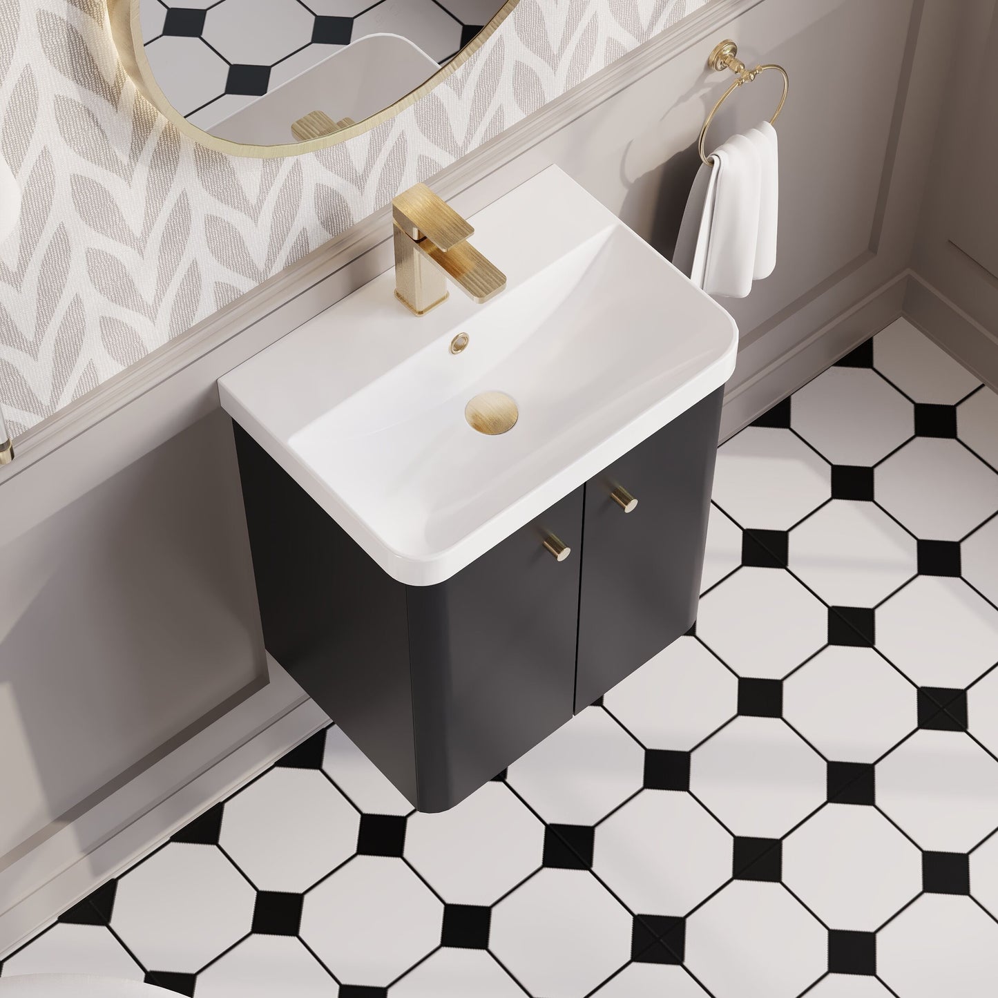 Balterley Curve Modern Bathroom Wall Hung 2 Door Vanity Unit Basin, Dark Grey, 505mm