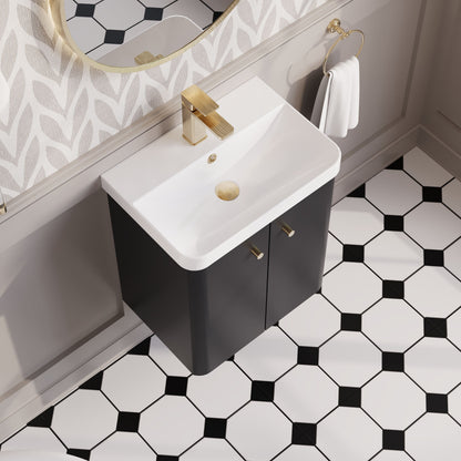 Balterley Curve Modern Bathroom Wall Hung 2 Door Vanity Unit Basin, Dark Grey, 505mm