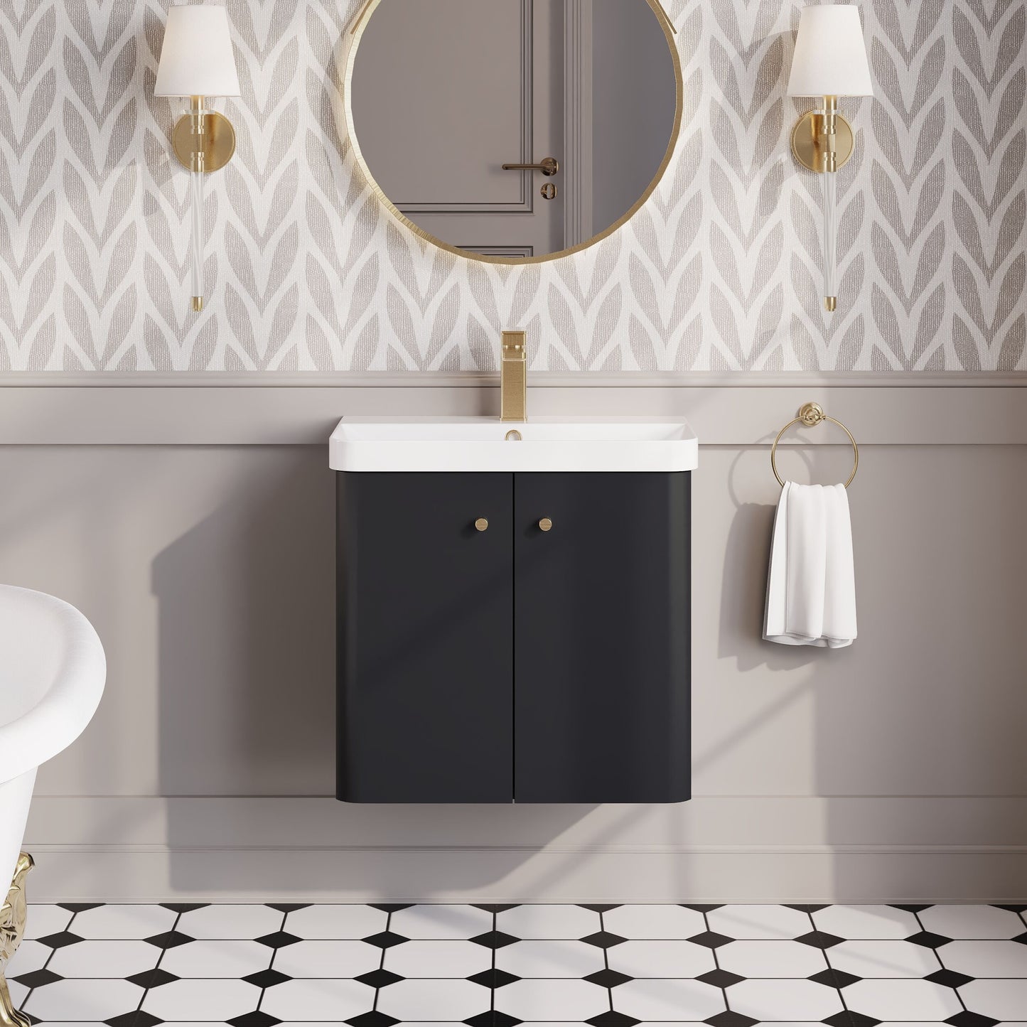 Balterley Curve Modern Bathroom Wall Hung 2 Door Vanity Unit Basin, Dark Grey, 605mm