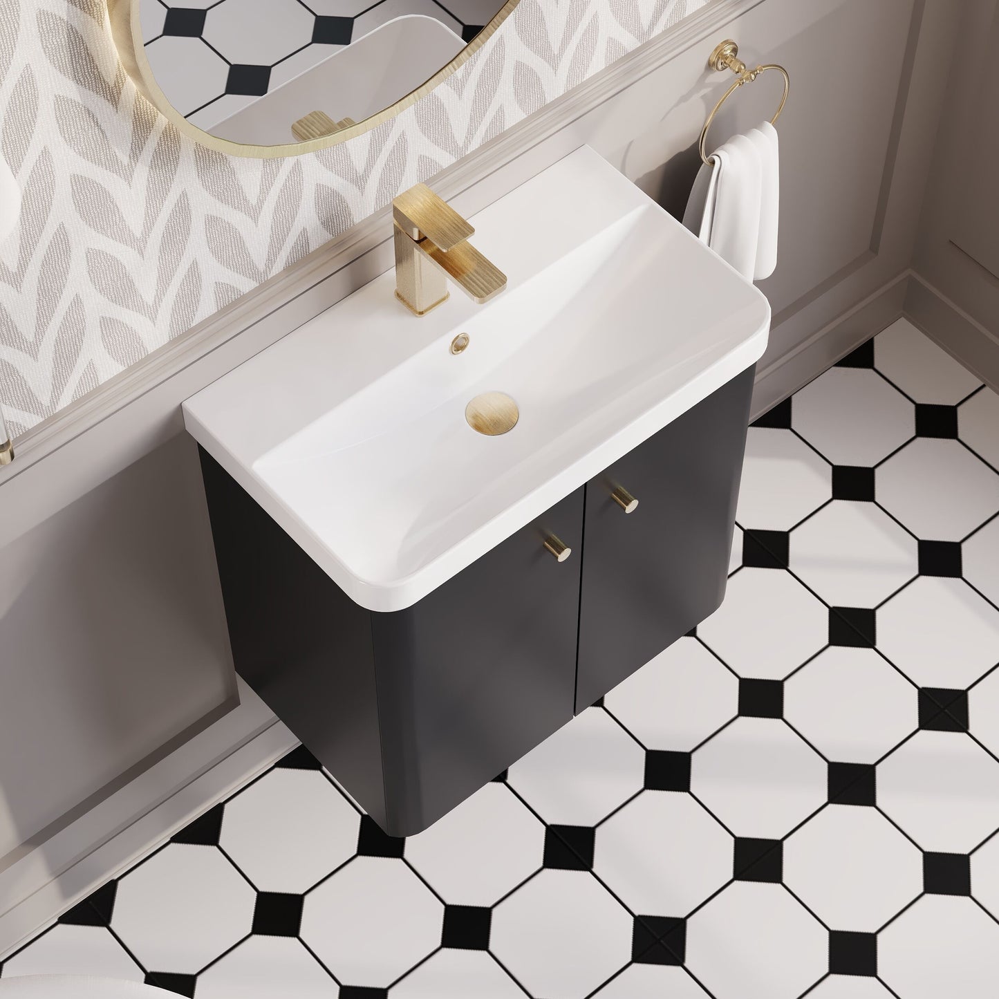 Balterley Curve Modern Bathroom Wall Hung 2 Door Vanity Unit Basin, Dark Grey, 605mm