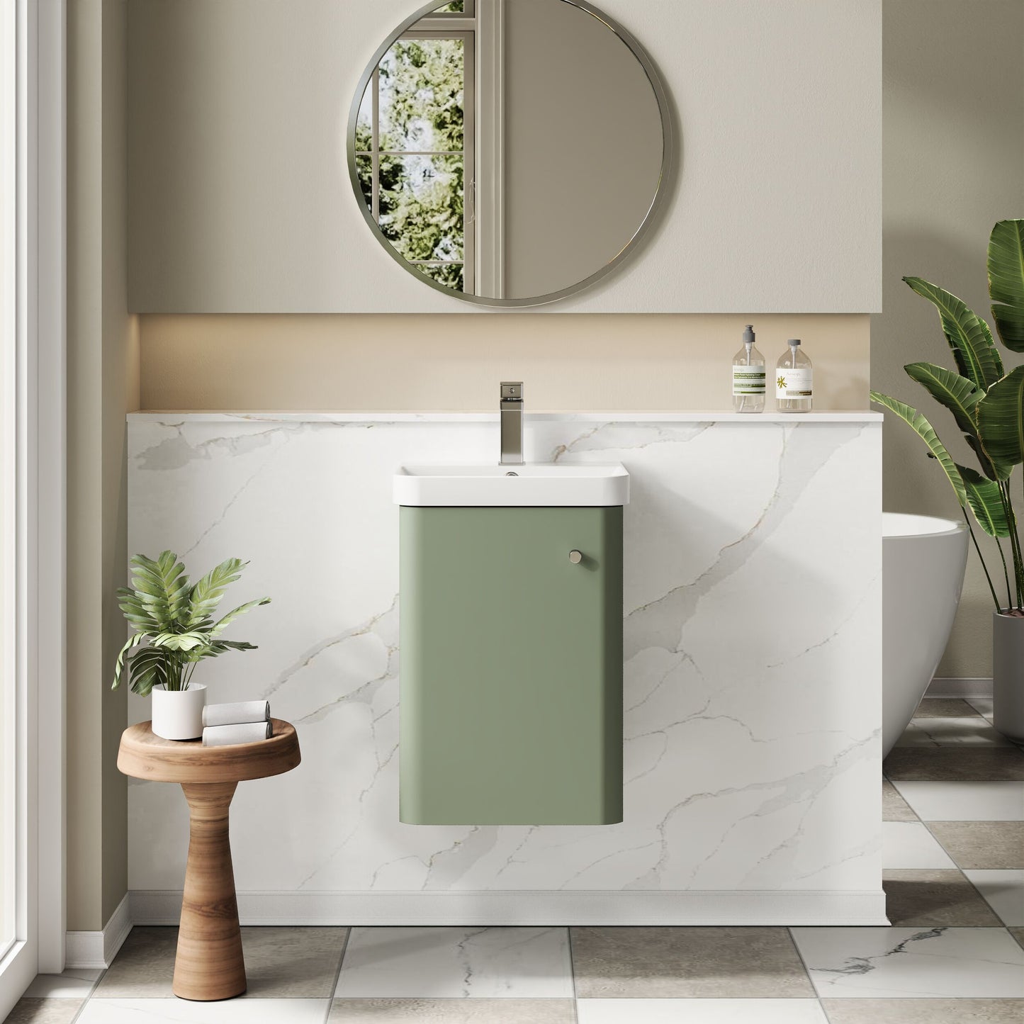 Balterley Curve Modern Bathroom Wall Hung 1 Door Vanity Unit Basin, Satin Green, 405mm
