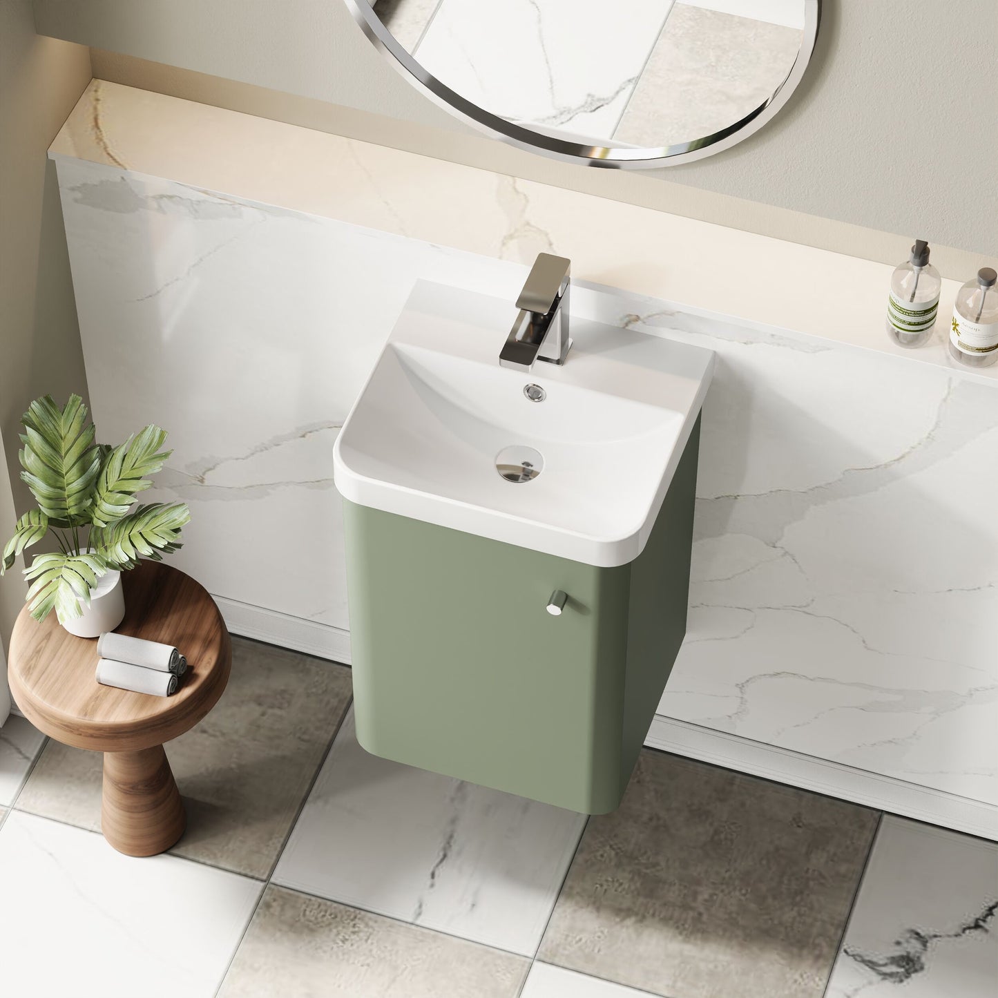 Balterley Curve Modern Bathroom Wall Hung 1 Door Vanity Unit Basin, Satin Green, 405mm