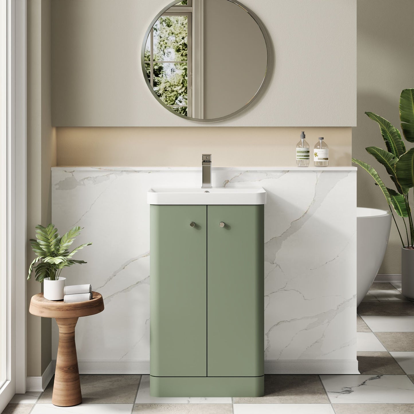 Balterley Curve Modern Bathroom Floor Standing 2 Door Vanity Unit Basin, Satin Green, 505mm