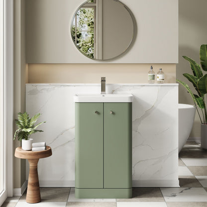 Balterley Curve Modern Bathroom Floor Standing 2 Door Vanity Unit Basin, Satin Green, 505mm