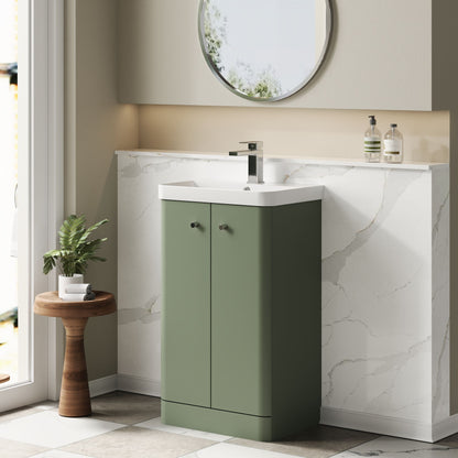 Balterley Curve Modern Bathroom Floor Standing 2 Door Vanity Unit Basin, Satin Green, 505mm