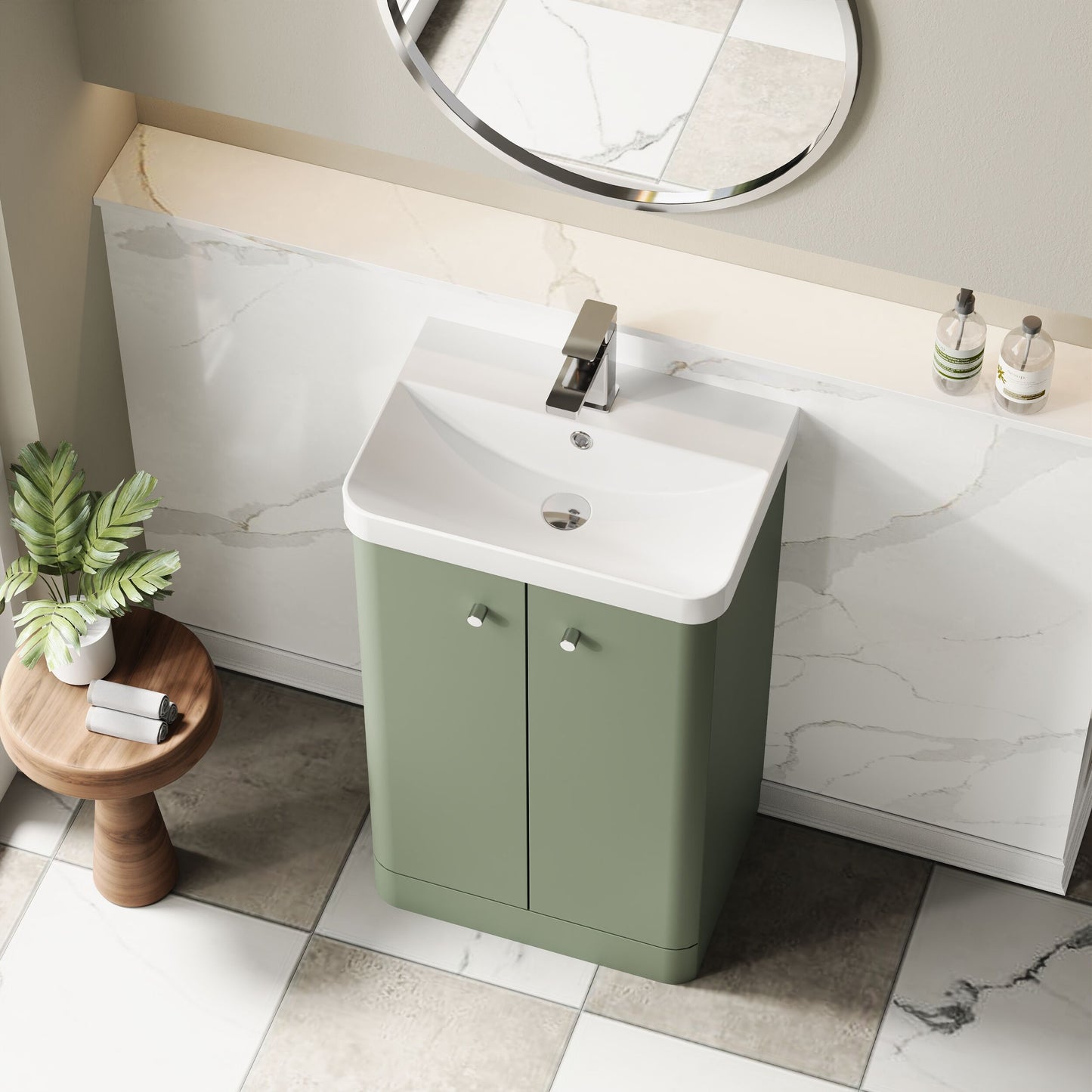 Balterley Curve Modern Bathroom Floor Standing 2 Door Vanity Unit Basin, Satin Green, 505mm