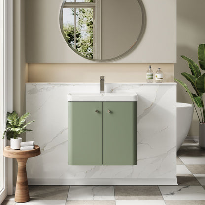 Balterley Curve Modern Bathroom Wall Hung 2 Door Vanity Unit Basin, Satin Green, 605mm