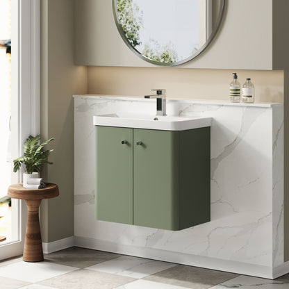 Balterley Curve Modern Bathroom Wall Hung 2 Door Vanity Unit Basin, Satin Green, 605mm