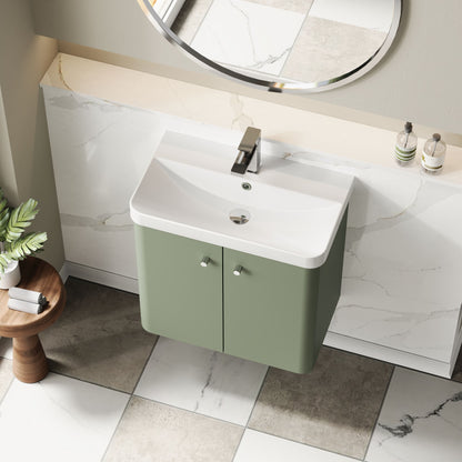 Balterley Curve Modern Bathroom Wall Hung 2 Door Vanity Unit Basin, Satin Green, 605mm