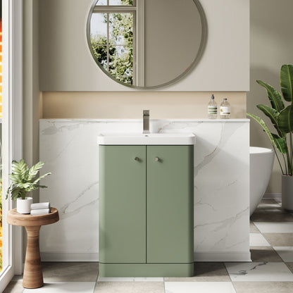 Balterley Curve Modern Bathroom Floor Standing 2 Door Vanity Unit Basin, Satin Green, 605mm