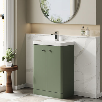 Balterley Curve Modern Bathroom Floor Standing 2 Door Vanity Unit Basin, Satin Green, 605mm