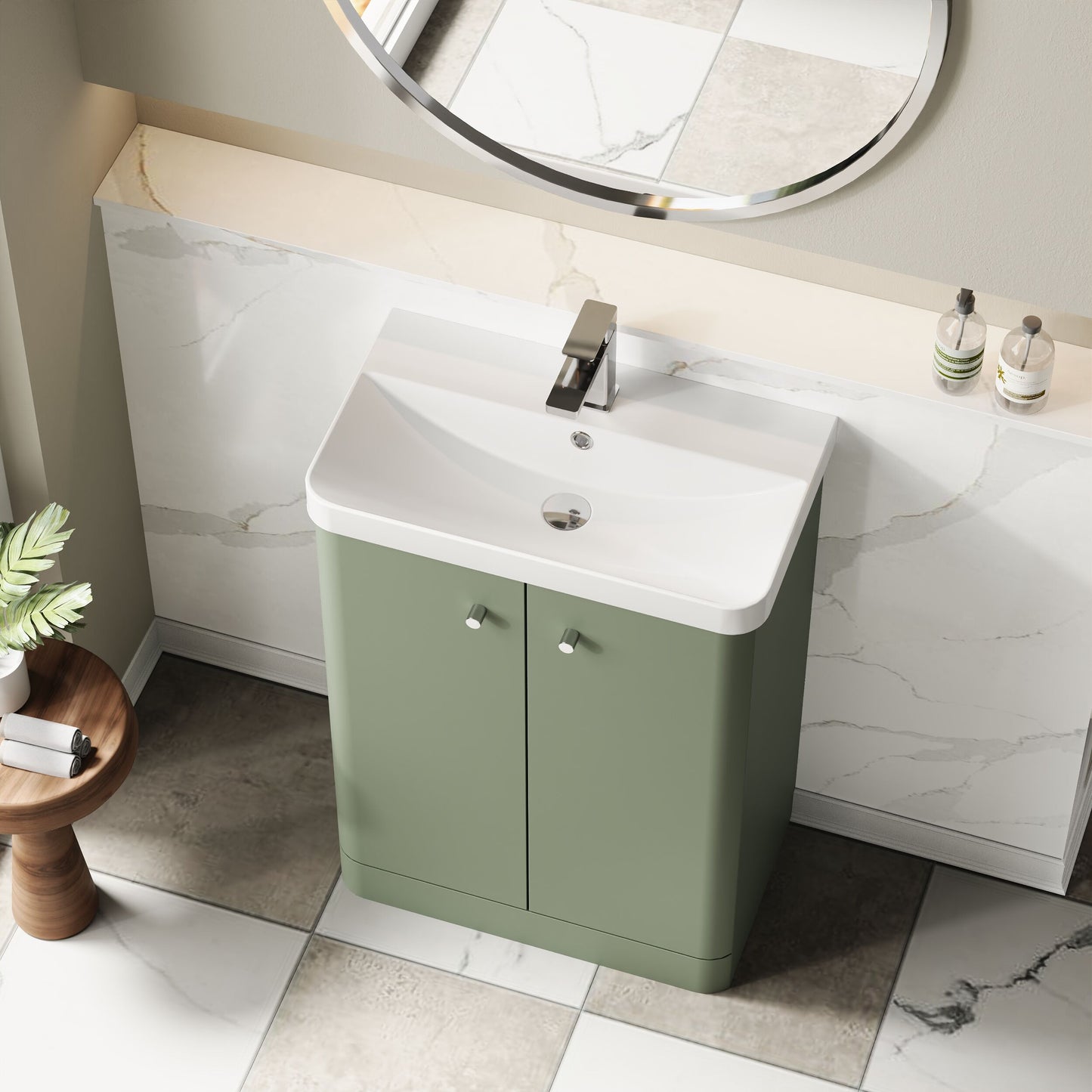 Balterley Curve Modern Bathroom Floor Standing 2 Door Vanity Unit Basin, Satin Green, 605mm
