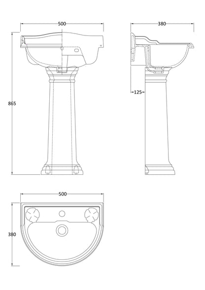 Chancery 500mm Basin & Pedestal 1 Tap Hole
