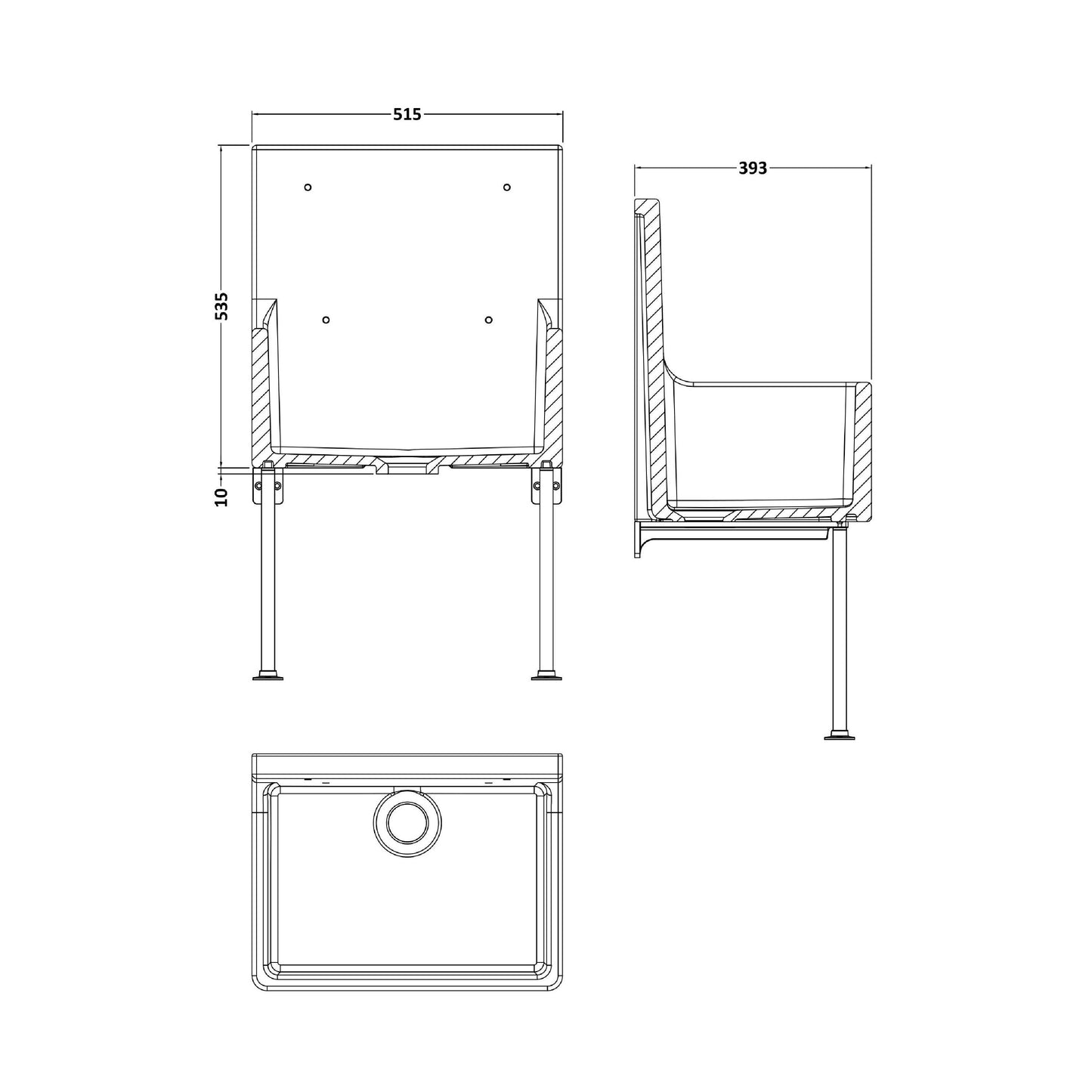 Nuie Single Bowl 515 x 535 x 393mm Fireclay White Cleaner Sink With Legs, Bracket and Backsplash