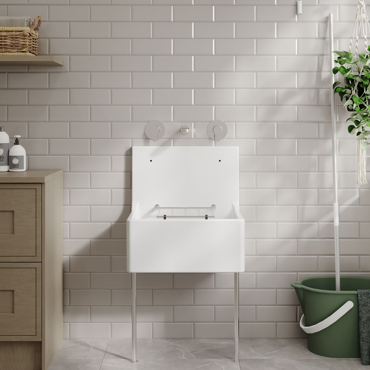 Nuie Single Bowl 515 x 535 x 393mm Fireclay White Cleaner Sink With Legs, Bracket and Backsplash